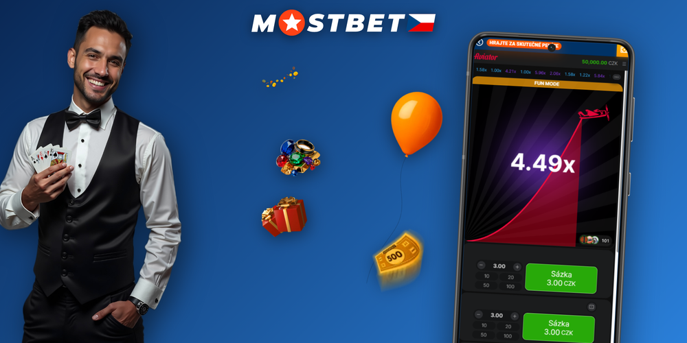 Herní obrazovka Aviator Mostbet s tlačítkem Cash Out a sázkou v CZK